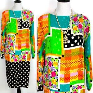 Vintage 80s Carol Mignon Retro Multicolor Silk Shift Dress Size 12-10